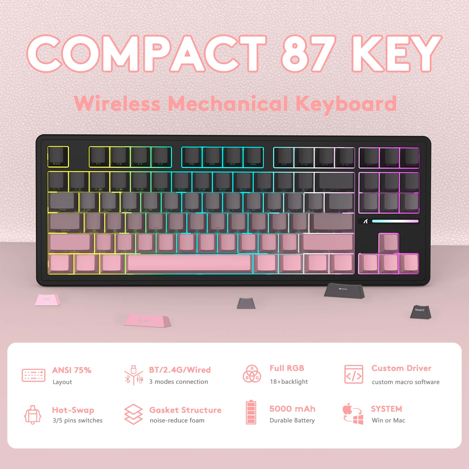 ATTACK SHARK M87PRO Wireless Mechanical Keyboard with Side Printed PBT Keycaps - Image 11