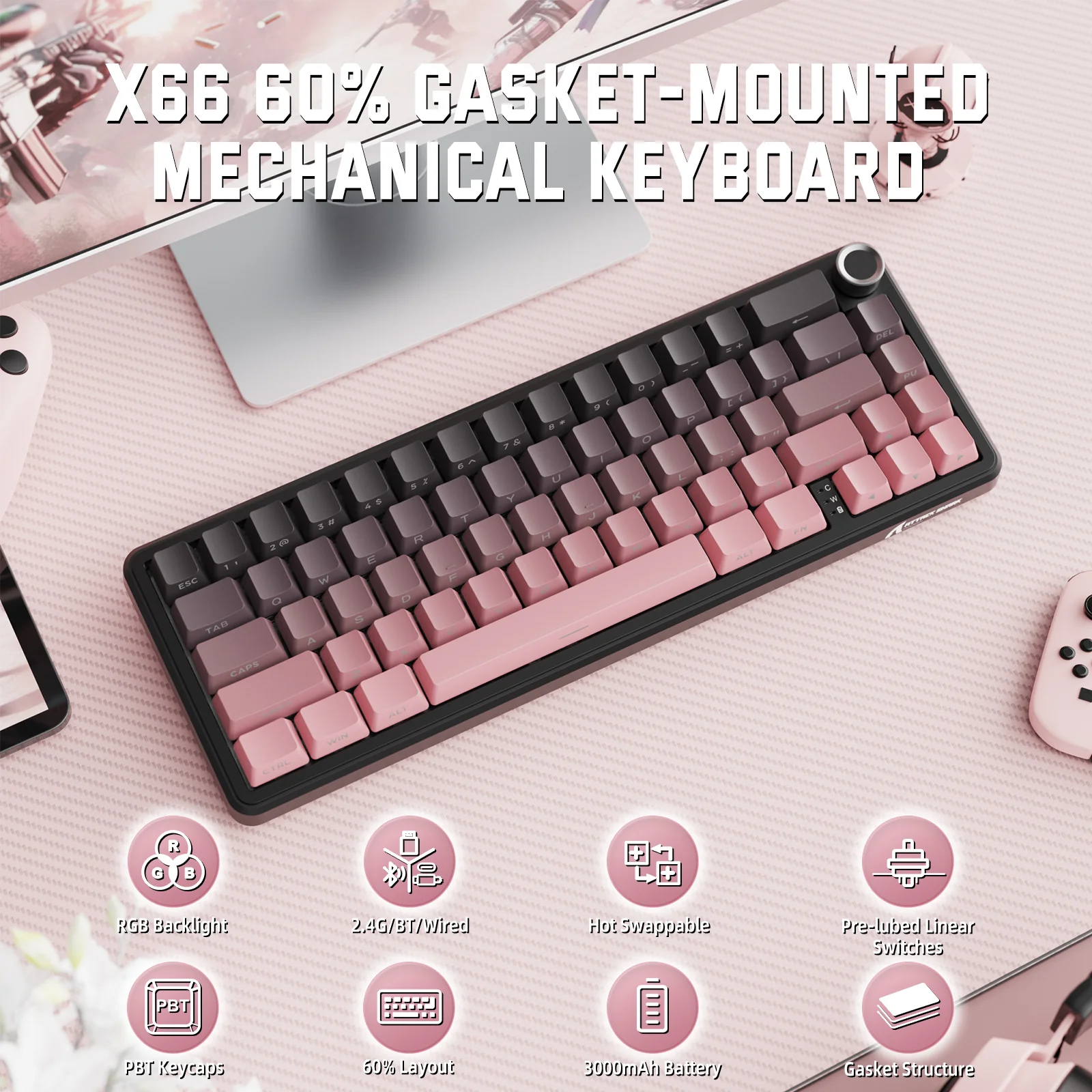 ATTACK SHARK X66 Wireless Mechanical Keyboard with Side Printed PBT Keycaps - Image 11