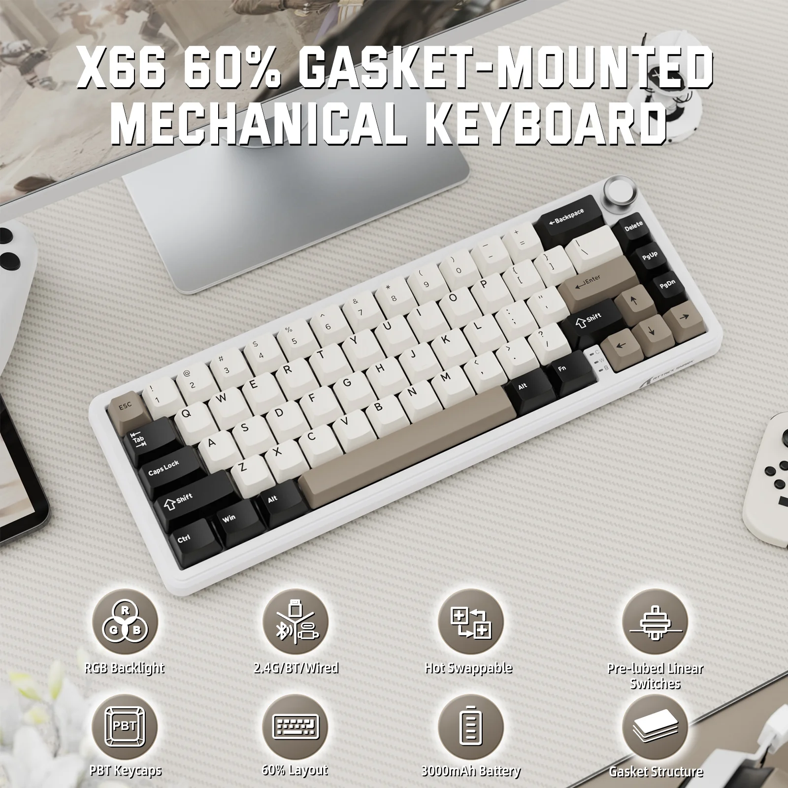 ATTACK SHARK X66 Wireless Mechanical Keyboard with Side Printed PBT Keycaps - Image 20