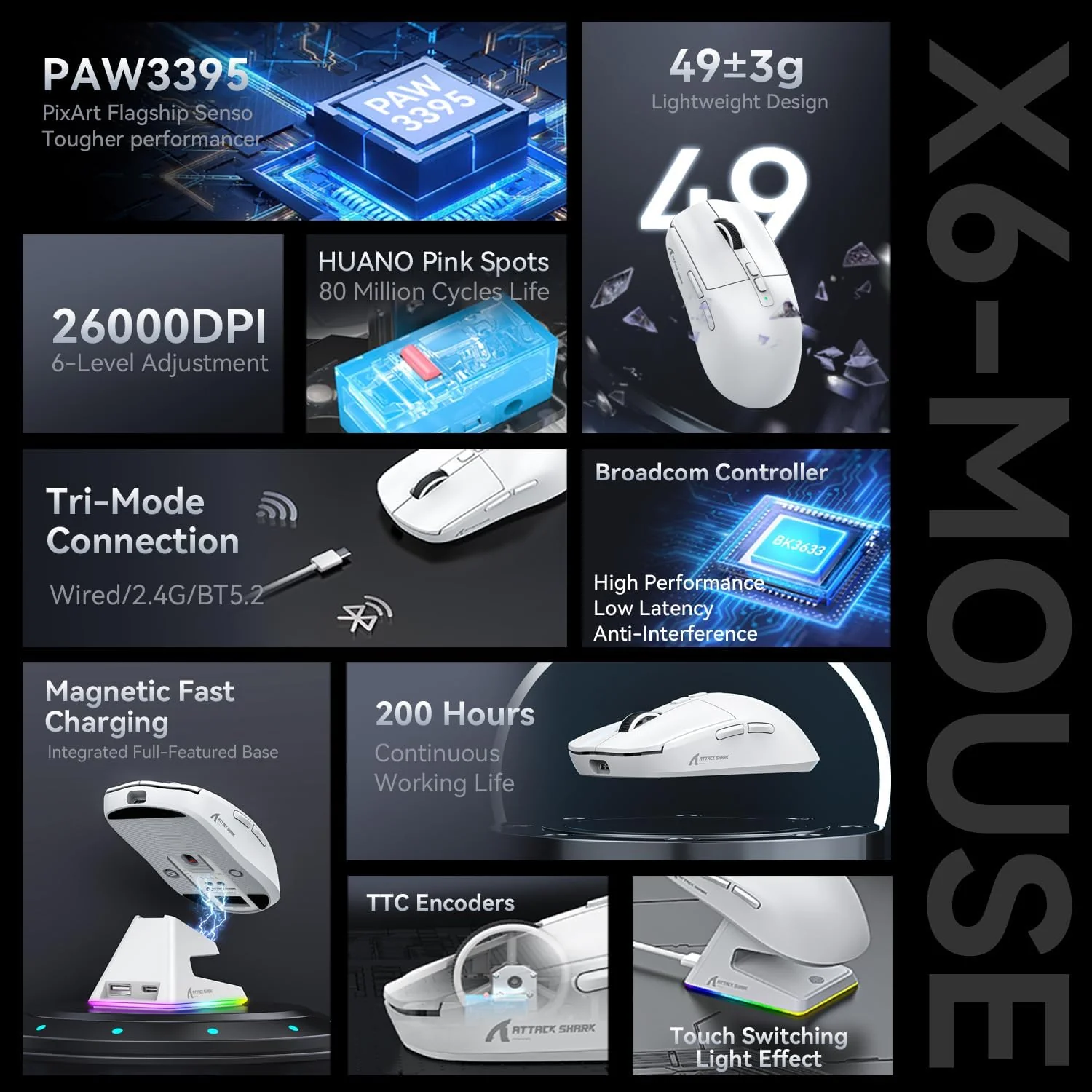 ATTACK SHARK X6 Three Modes Gaming Mouse With Charging Dock - Image 3
